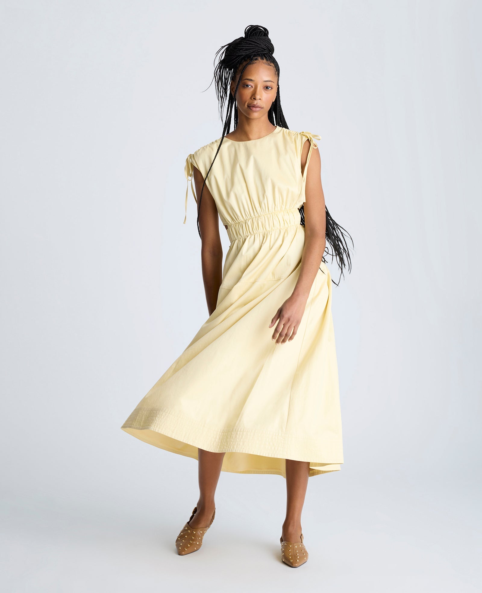 Rouched Waist Midi Dress with Tie Shoulders Papyrus
