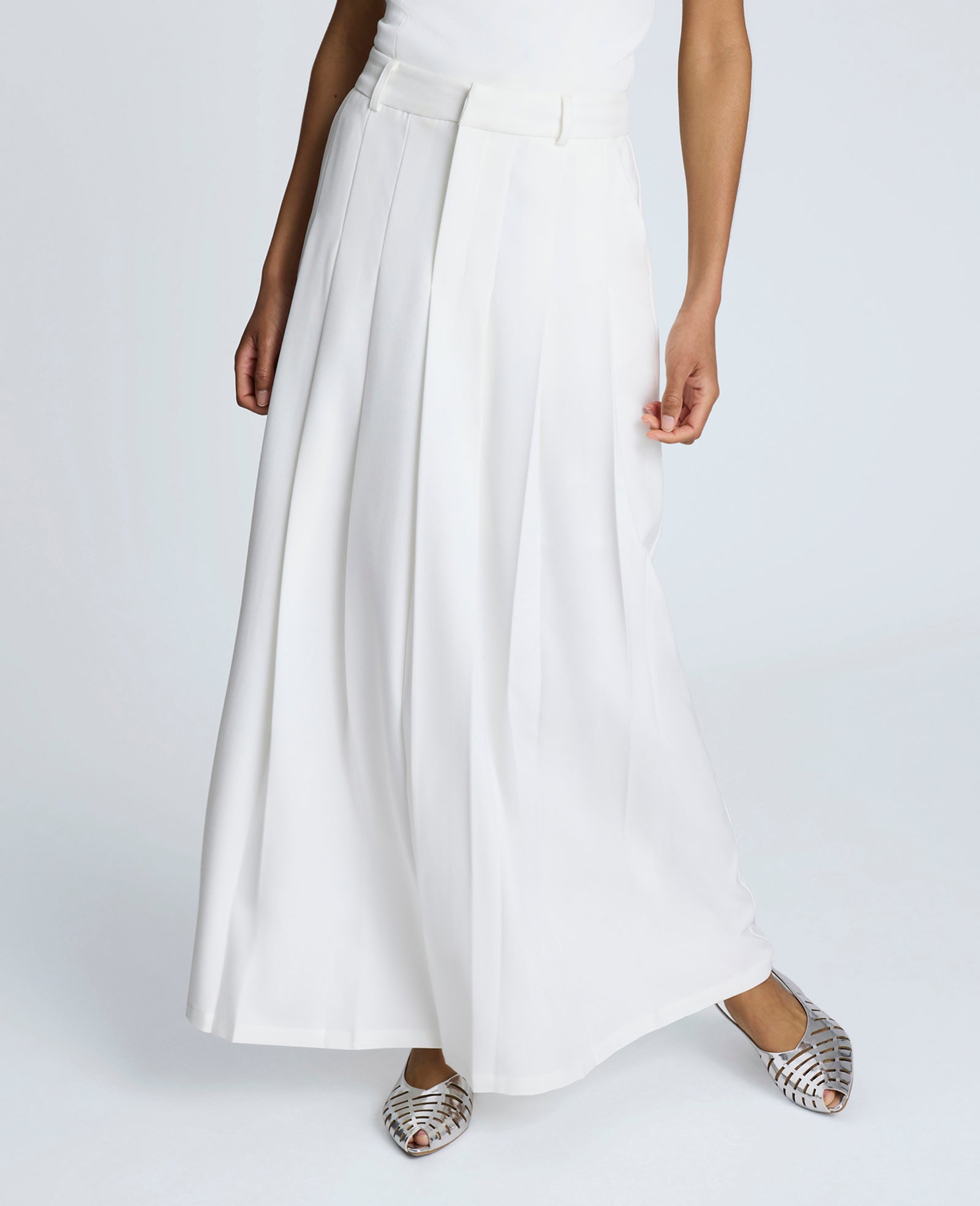 Fly Front Pleated Maxi Skirt Pure White