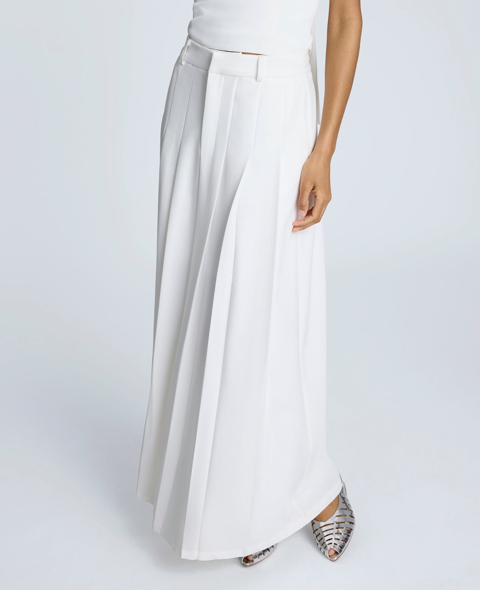 Fly Front Pleated Maxi Skirt Pure White