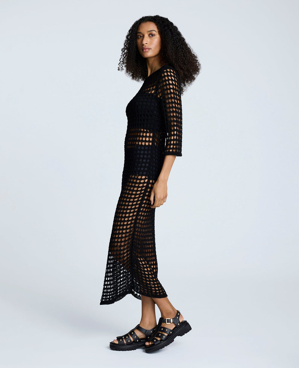 V-Back Crochet Midi Dress Black