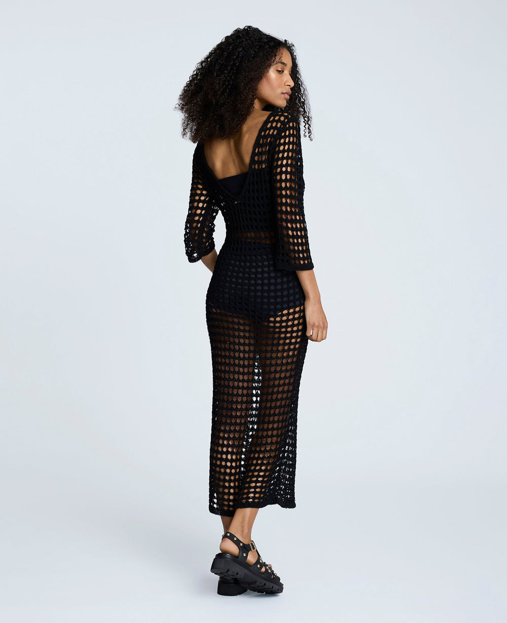 V-Back Crochet Midi Dress Black