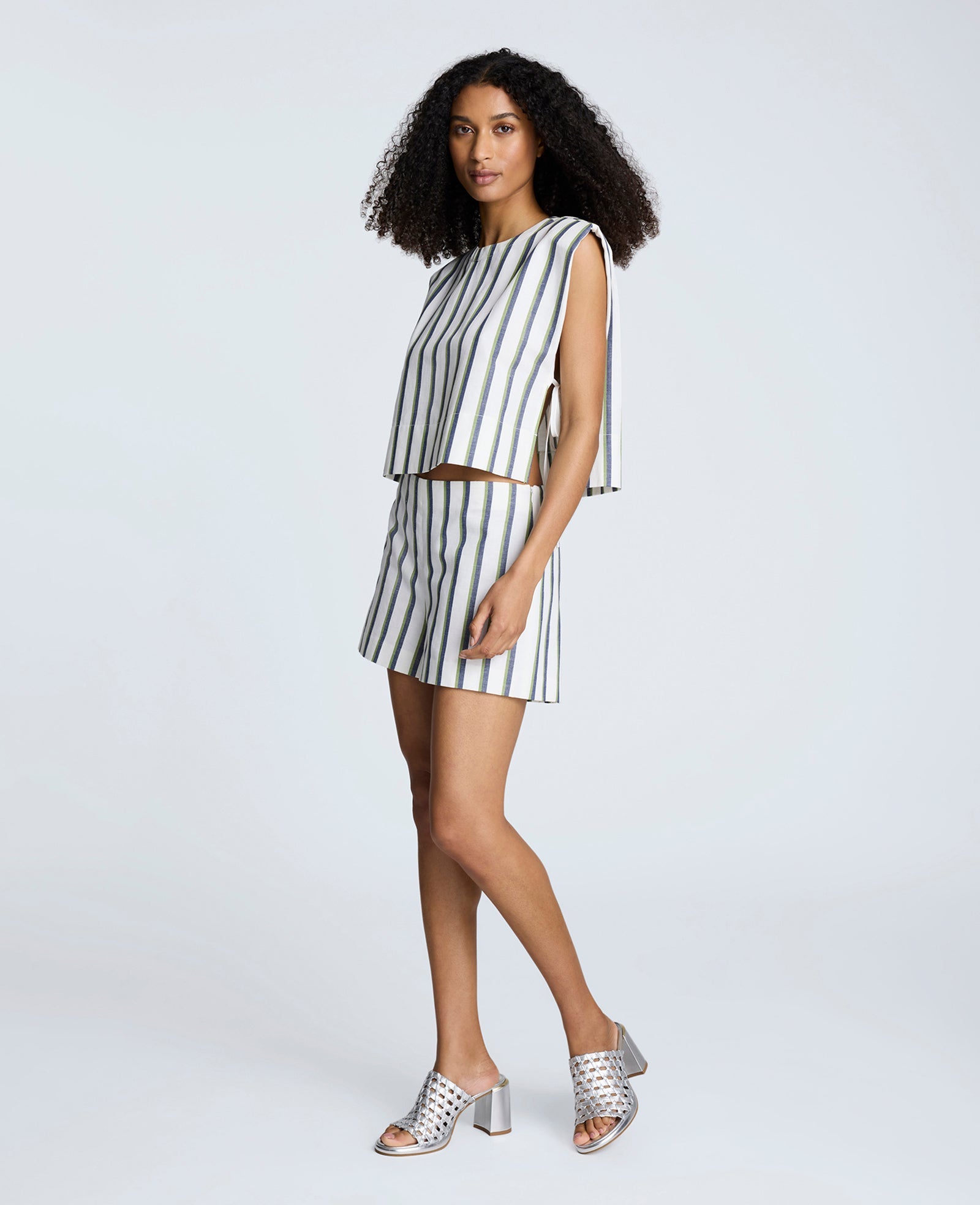 Striped Linen Side Zip Short Cactus Green Multi