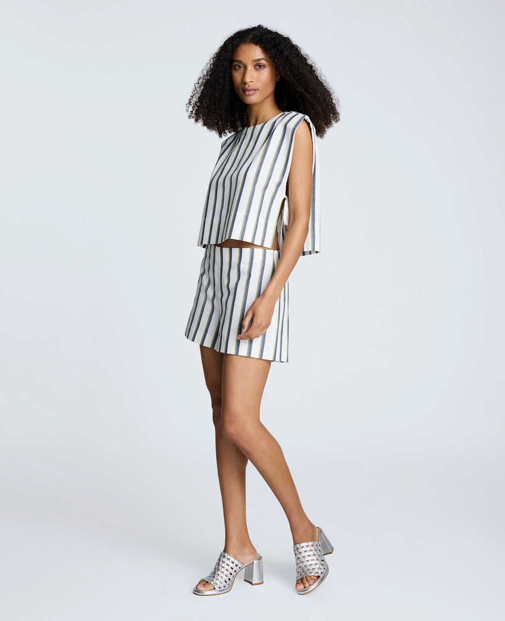 Striped Linen Side Zip Short Cactus Green Multi
