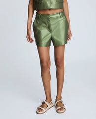 Metallic Pleather Fly Front Short Cactus Green