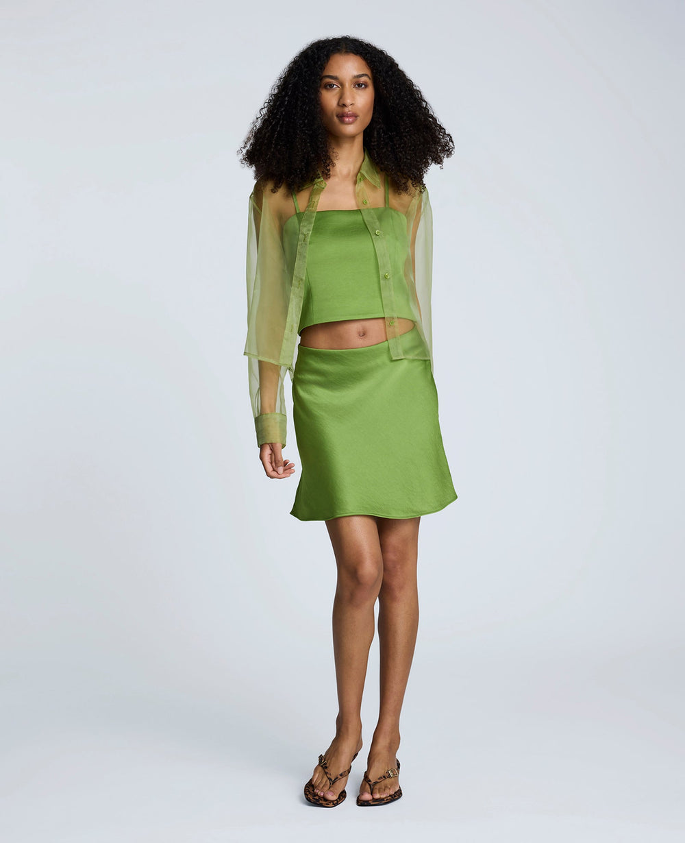 Satin Pull-On Bias Mini Skirt Cactus Green