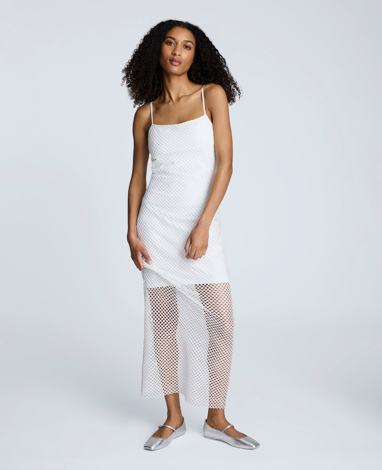 Fishnet Mesh Slip Maxi Dress Pure White