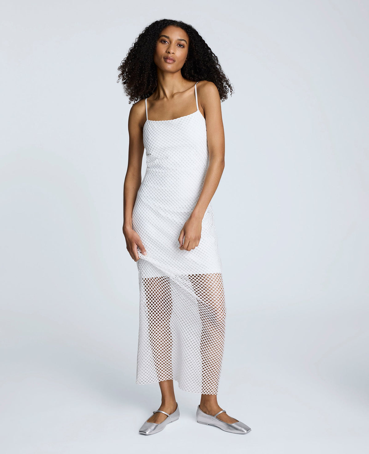 Fishnet Mesh Slip Maxi Dress Pure White