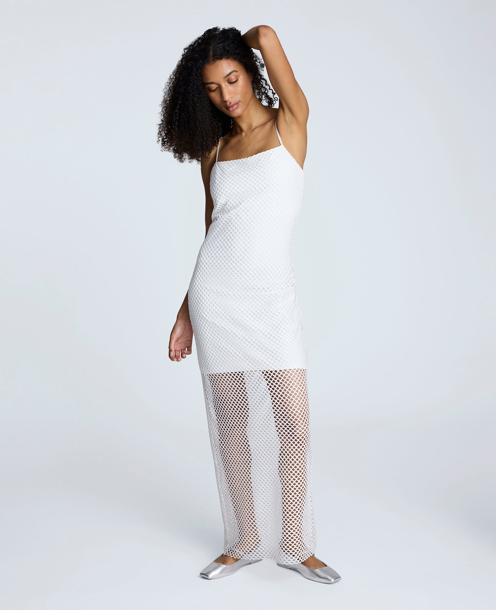 Fishnet Mesh Slip Maxi Dress Pure White