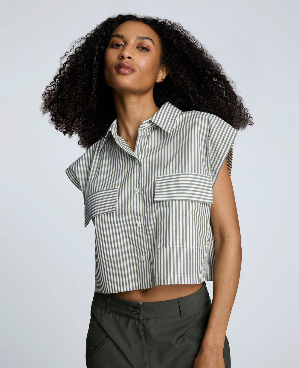 Cotton Poplin Stripe Sleeveless Crop Button Front Top Pure Wht/Camo Green