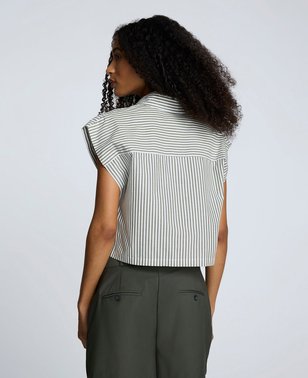 Cotton Poplin Stripe Sleeveless Crop Button Front Top Pure Wht/Camo Green