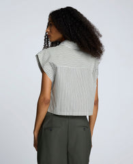 Cotton Poplin Stripe Sleeveless Crop Button Front Top Pure Wht/Camo Green
