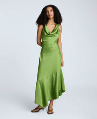 Satin Asymmetric Hem Cowl Front Dress Cactus Green
