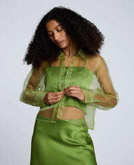 Sheer Organza Button Front Crop Shirt Cactus Green