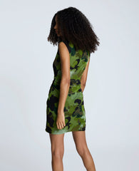 Printed Mesh Side Rouched Pullover Faux Wrap Mini Dress Cactus Green Multi