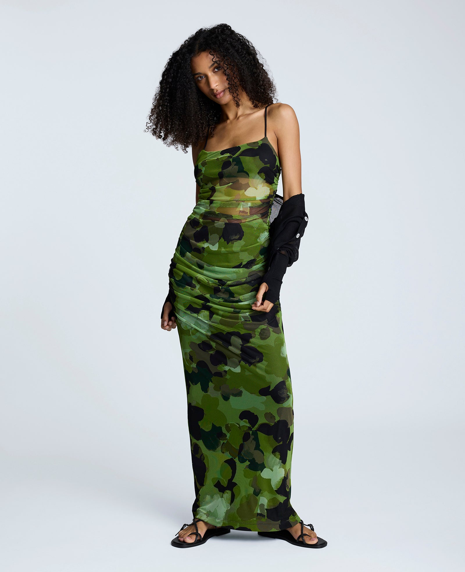 Rouched Mesh Maxi Dress Cactus Green Multi