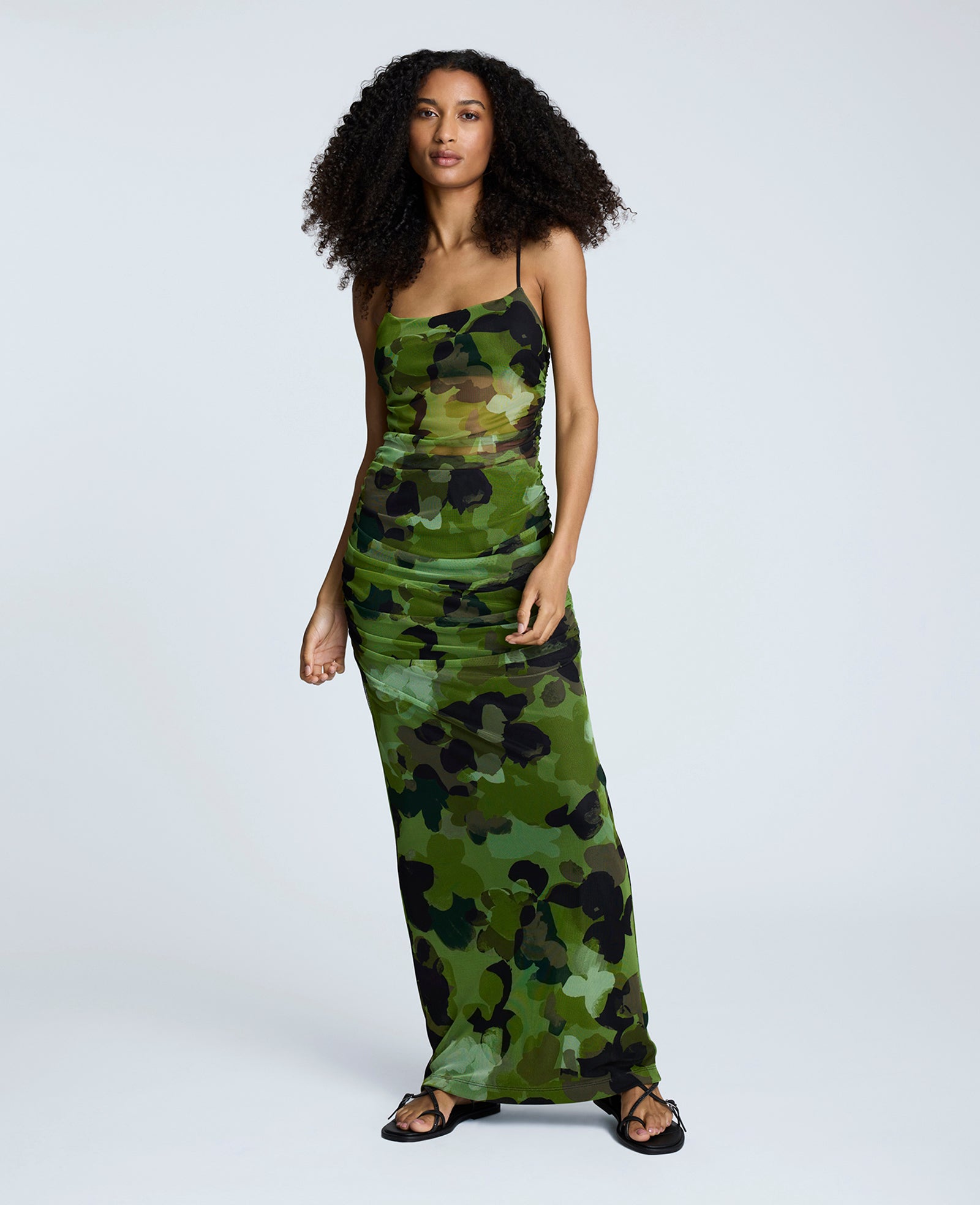 Rouched Mesh Maxi Dress Cactus Green Multi