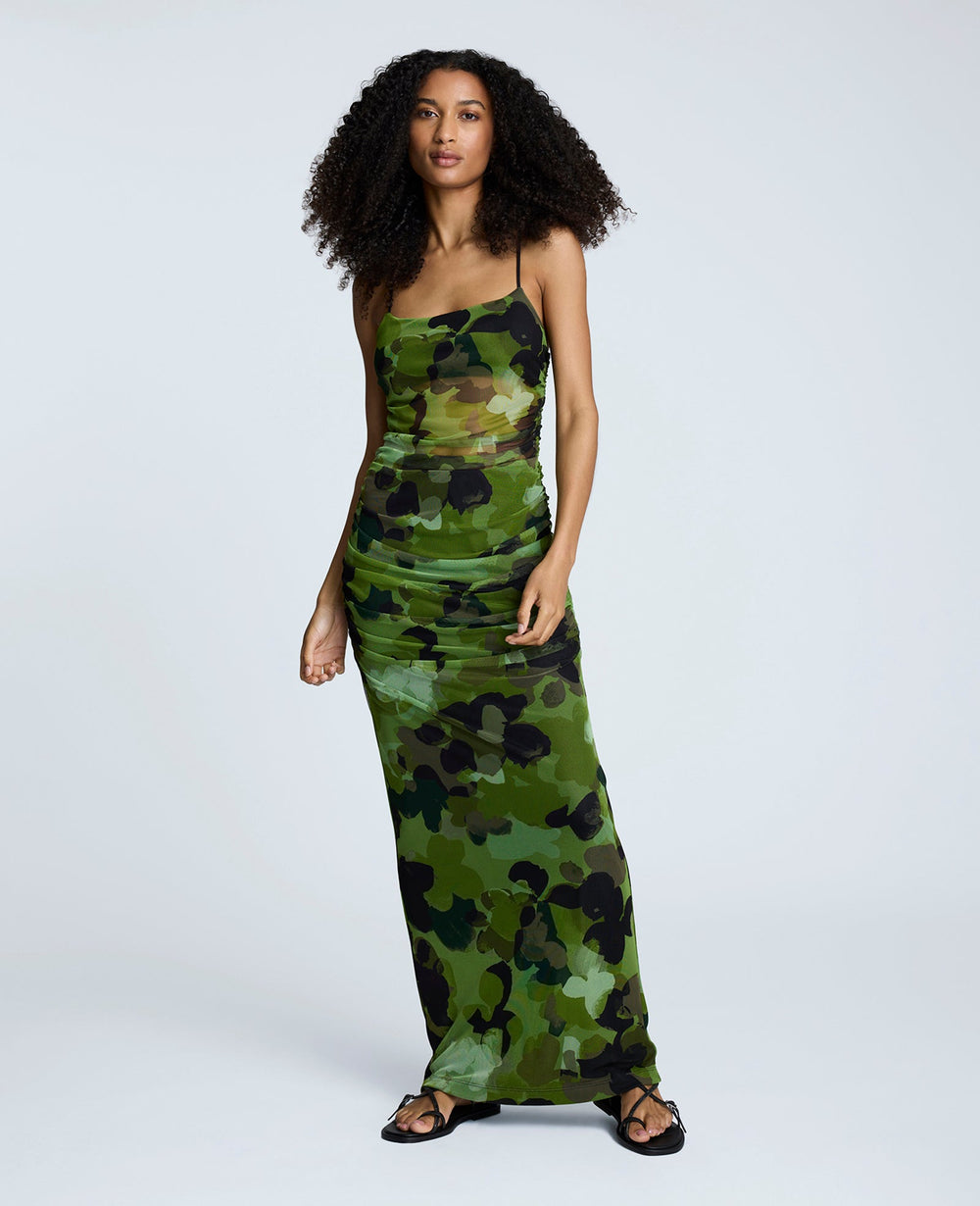 Rouched Mesh Maxi Dress Cactus Green Multi