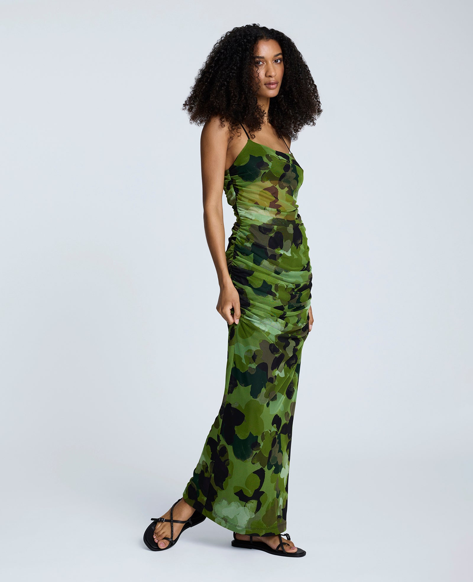 Rouched Mesh Maxi Dress Cactus Green Multi