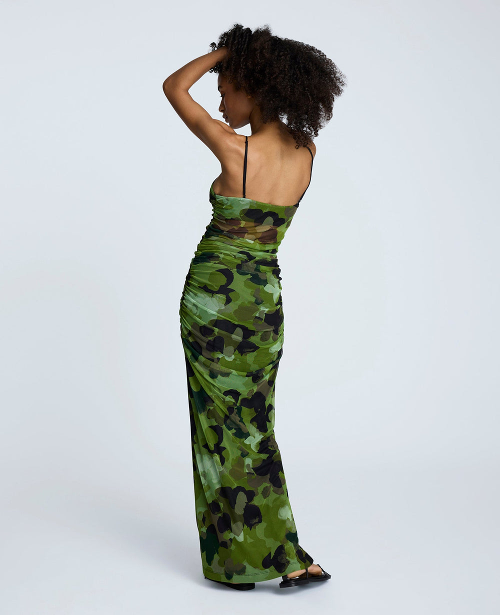 Rouched Mesh Maxi Dress Cactus Green Multi