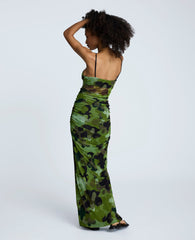 Rouched Mesh Maxi Dress Cactus Green Multi