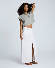 Denim Fly Front 4-Pocket Maxi Skirt With Fray Hem Pure White