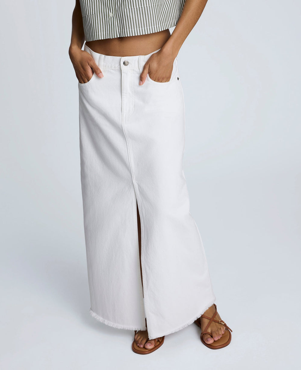 Denim Fly Front 4-Pocket Maxi Skirt With Fray Hem Pure White