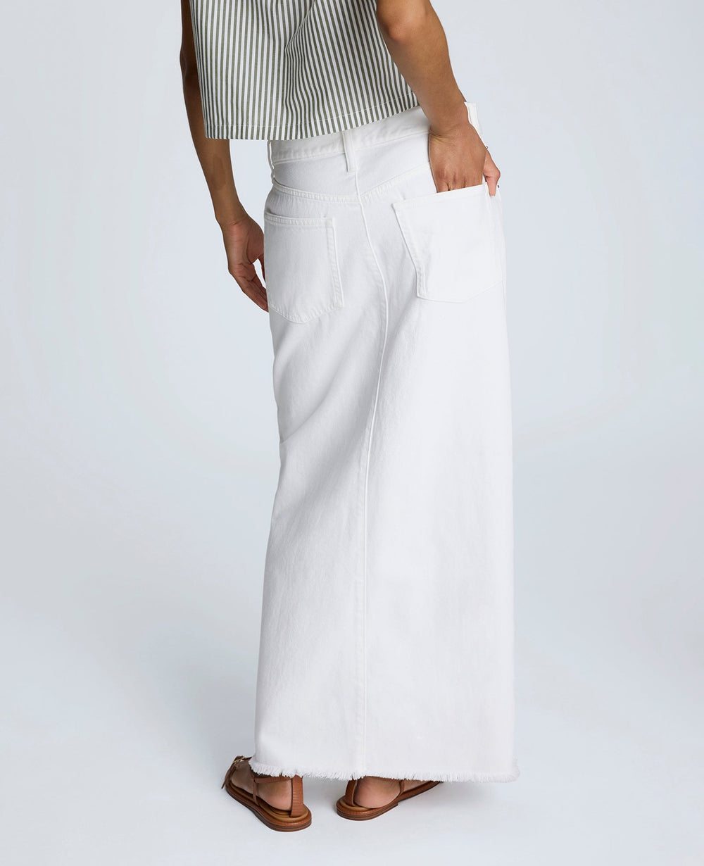 Denim Fly Front 4-Pocket Maxi Skirt With Fray Hem Pure White