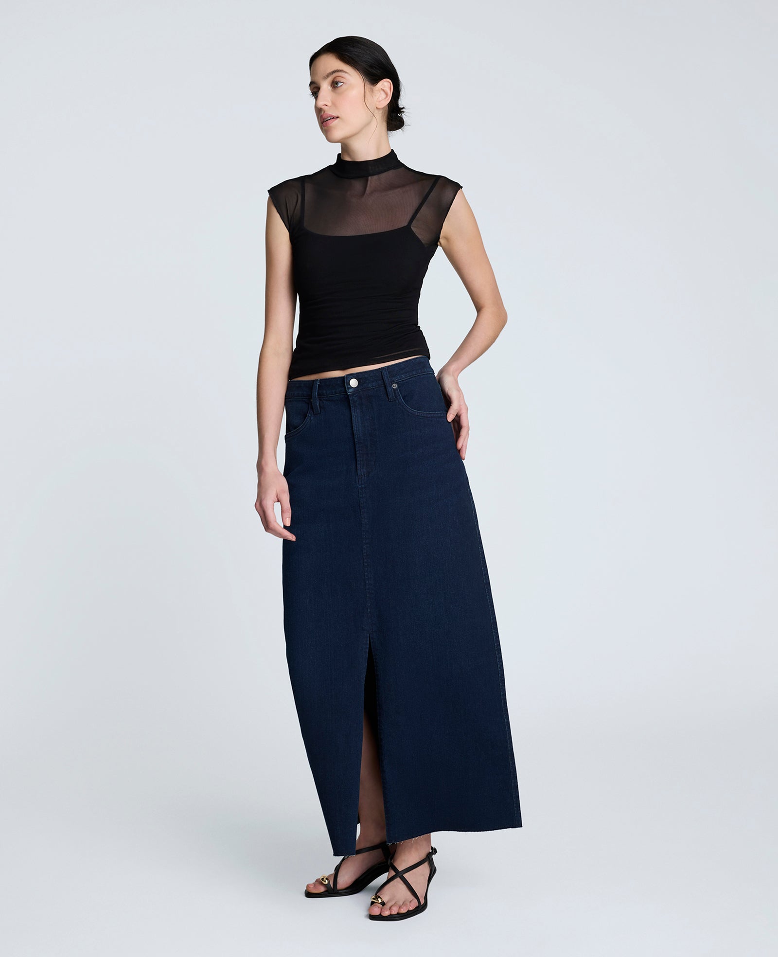 Denim Fly Front 4-Pocket Maxi Skirt With Fray Hem Midnight Rinse Wash