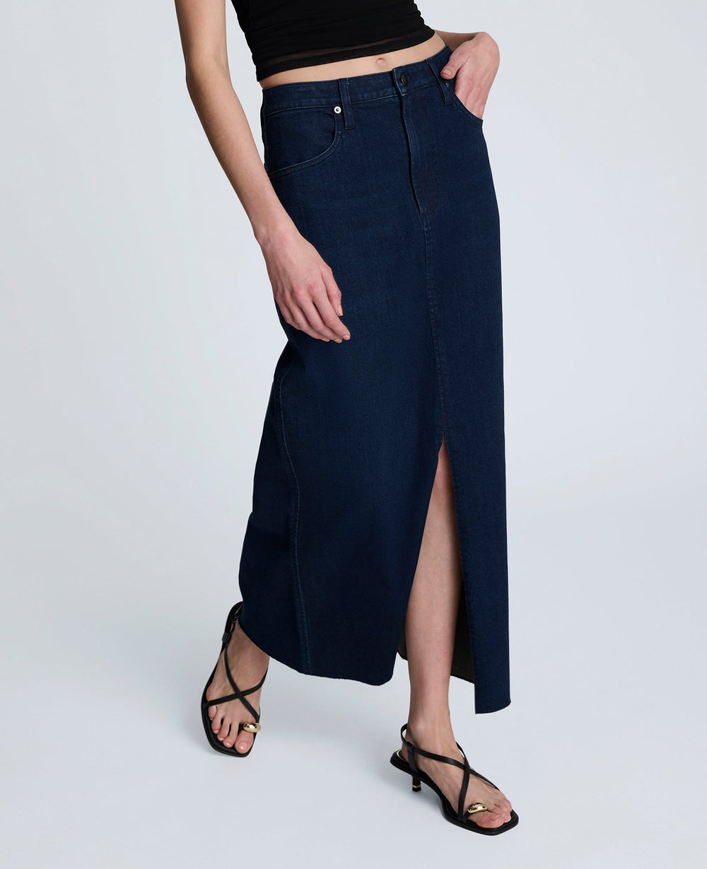 Denim Fly Front 4-Pocket Maxi Skirt With Fray Hem Midnight Rinse Wash