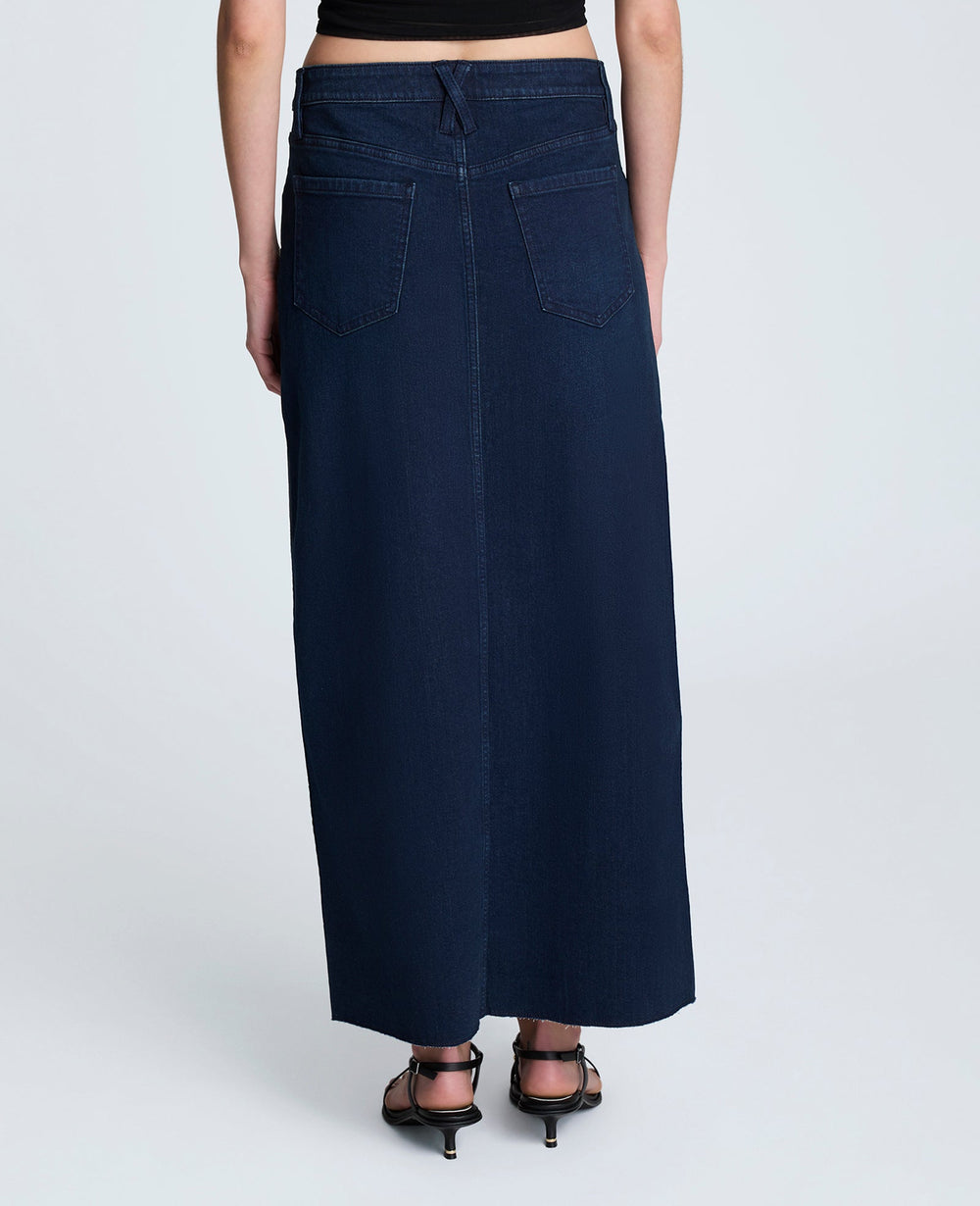 Denim Fly Front 4-Pocket Maxi Skirt With Fray Hem Midnight Rinse Wash