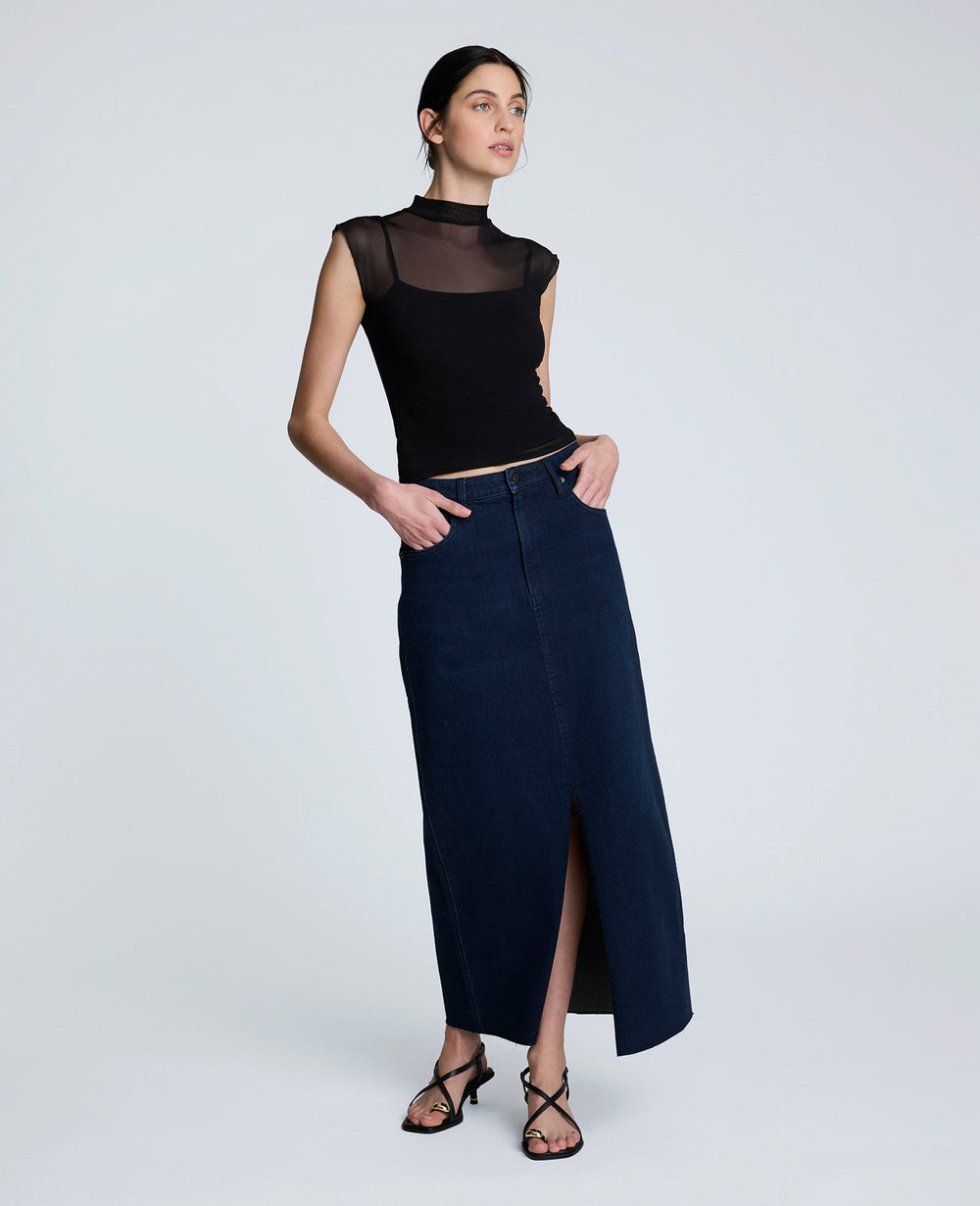Denim Fly Front 4-Pocket Maxi Skirt With Fray Hem Midnight Rinse Wash