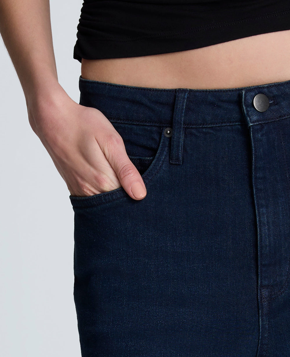 Denim Fly Front 4-Pocket Maxi Skirt With Fray Hem Midnight Rinse Wash