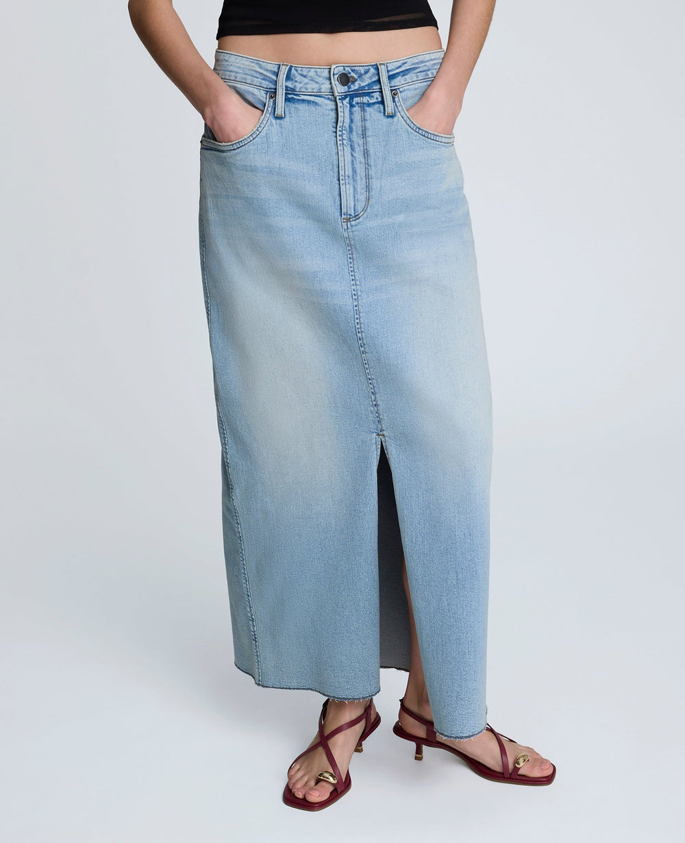 Denim Fly Front 4-Pocket Maxi Skirt With Fray Hem Vista Wash