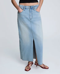 Denim Fly Front 4-Pocket Maxi Skirt With Fray Hem Vista Wash