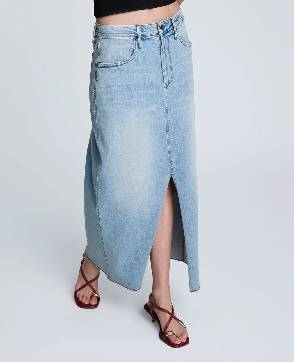 Denim Fly Front 4-Pocket Maxi Skirt With Fray Hem Vista Wash
