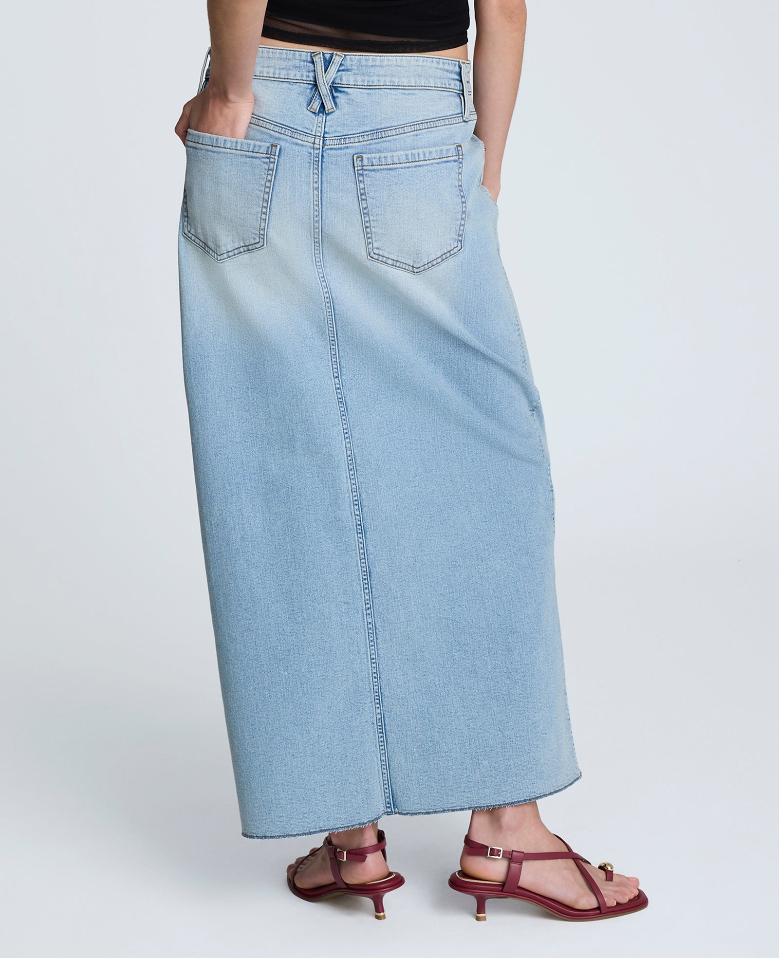 Denim Fly Front 4-Pocket Maxi Skirt With Fray Hem Vista Wash