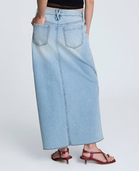 Denim Fly Front 4-Pocket Maxi Skirt With Fray Hem Vista Wash