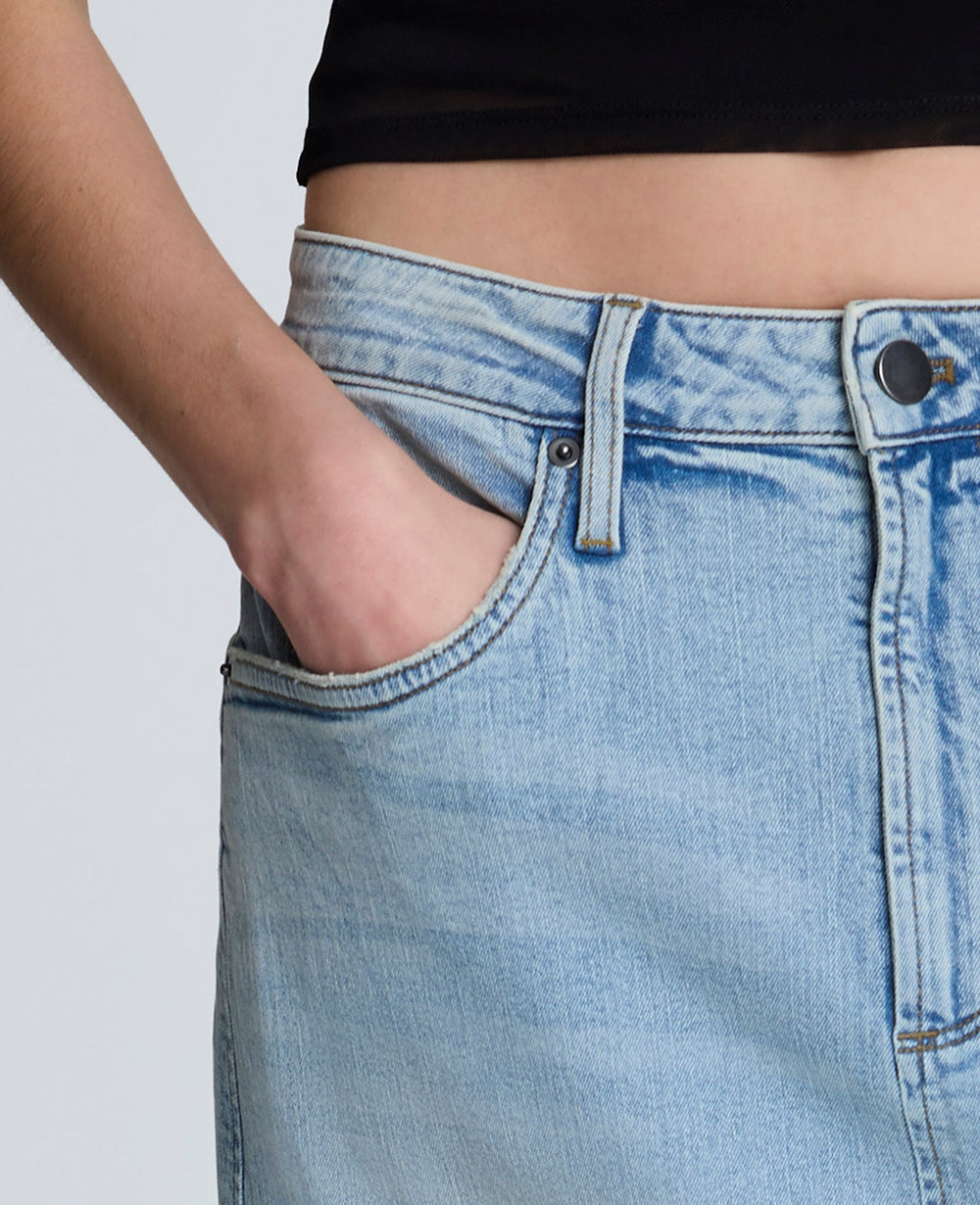 Denim Fly Front 4-Pocket Maxi Skirt With Fray Hem Vista Wash