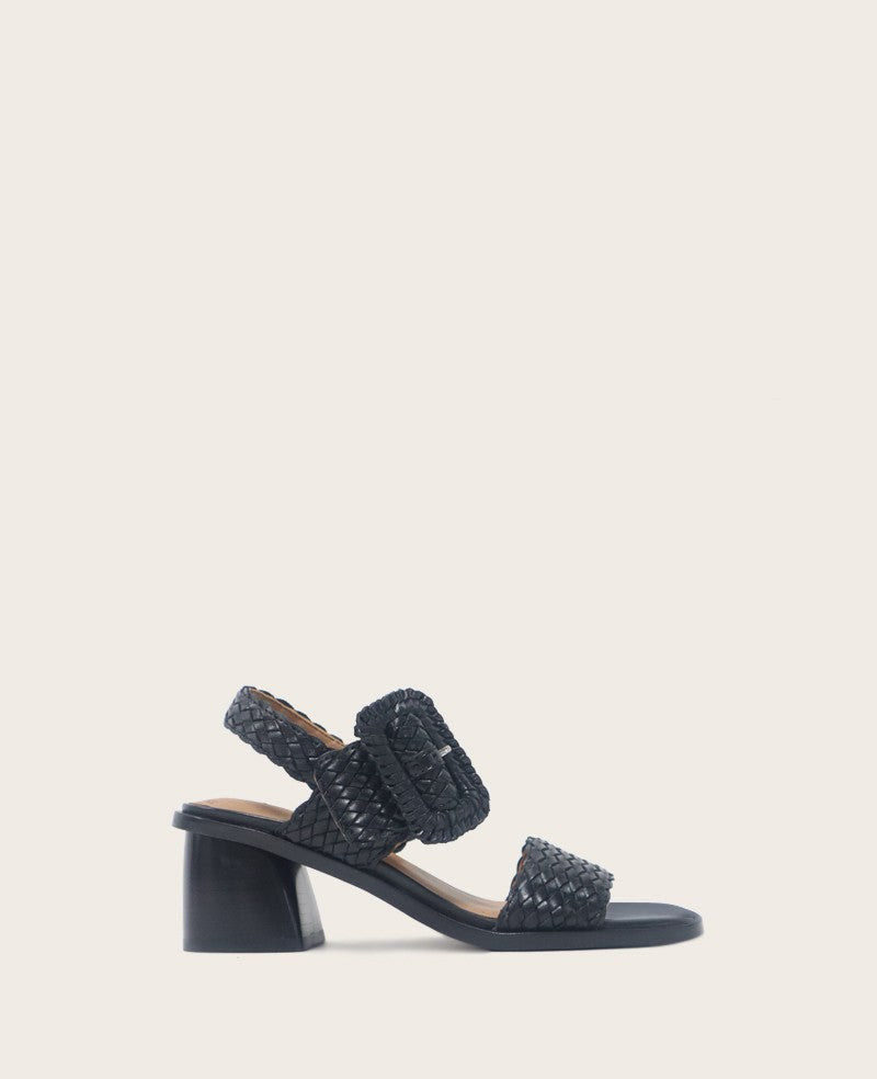 GENTLE SOULS - Madylyn Woven Leather Heel Sandal Black Leather