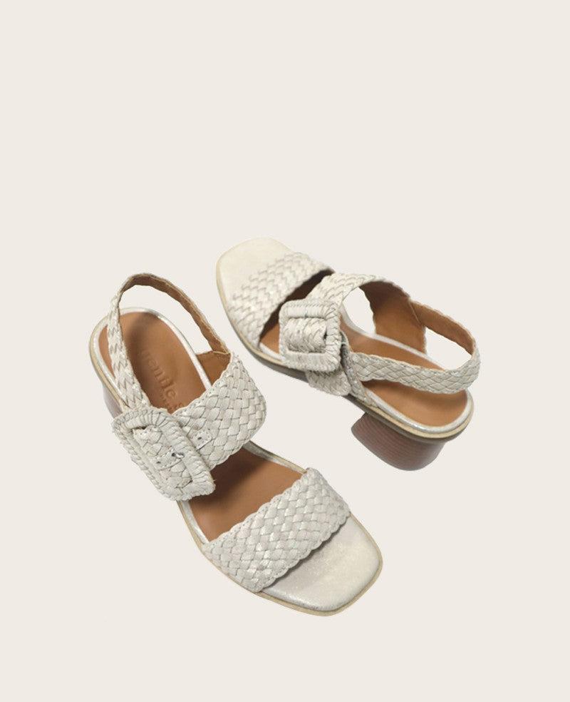 GENTLE SOULS - Madylyn Metallic Woven Leather Heel Sandal Ice Metallic Leather