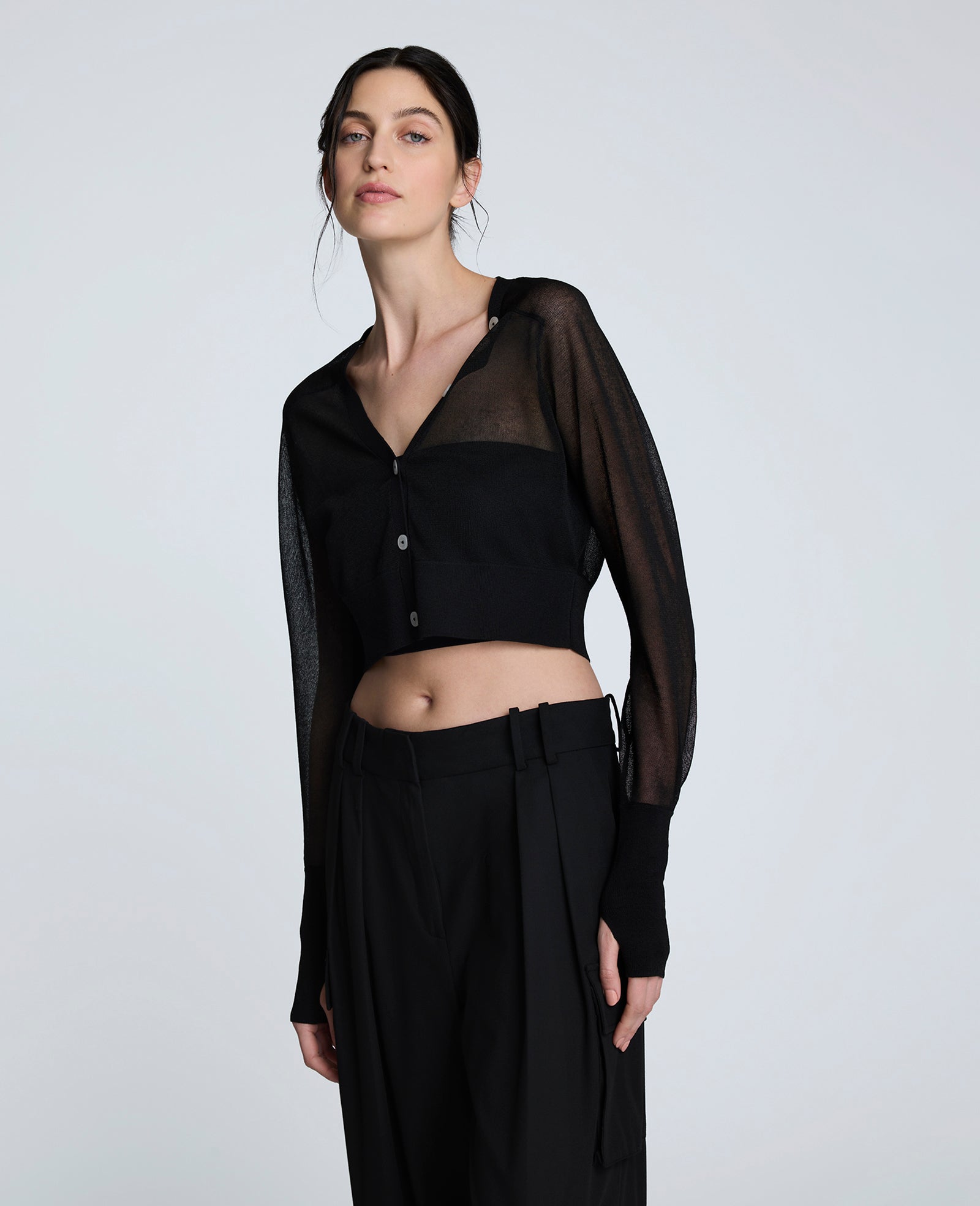 Cropped Cardigan with Saddle Shoulders Black