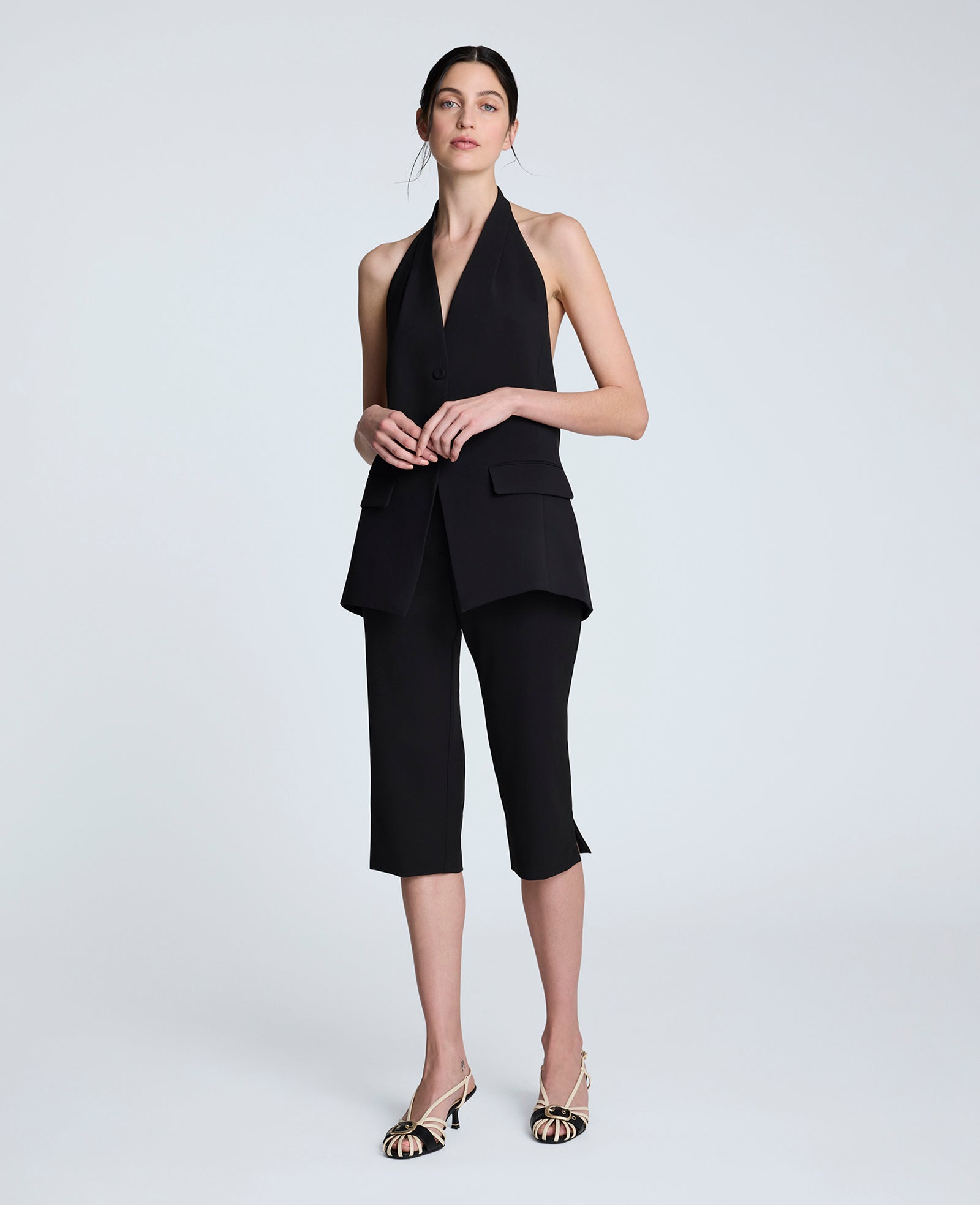 Luxe Twill Three Button Halter Vest Black