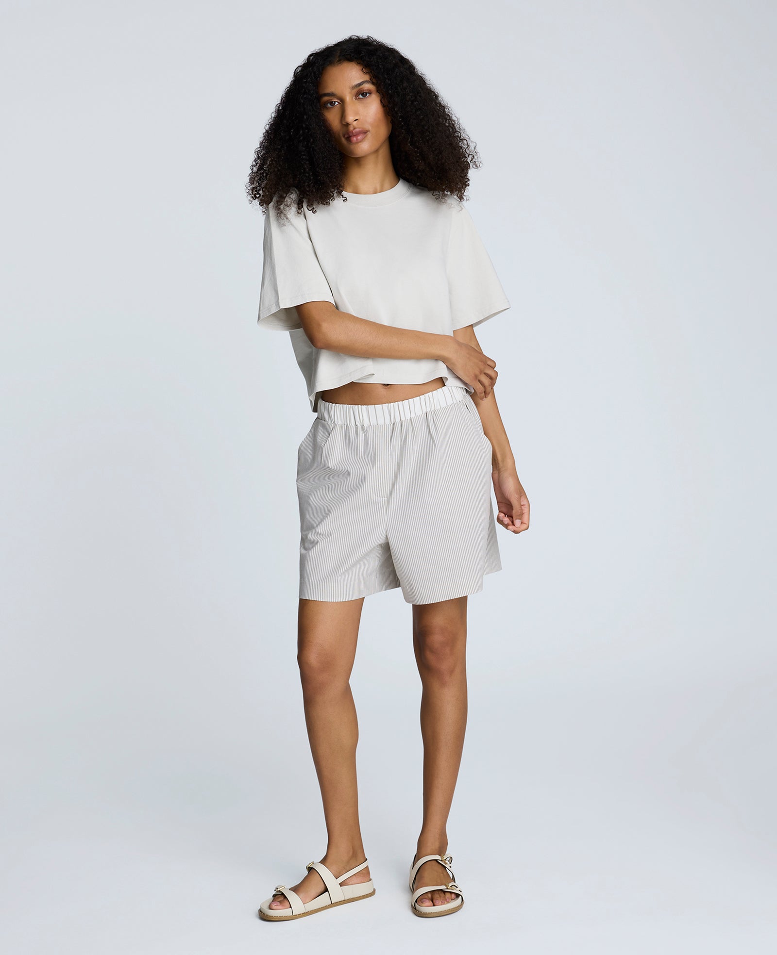 Pull-On Elastic Waistband Boxer Shorts Pure White/Beige Bronz