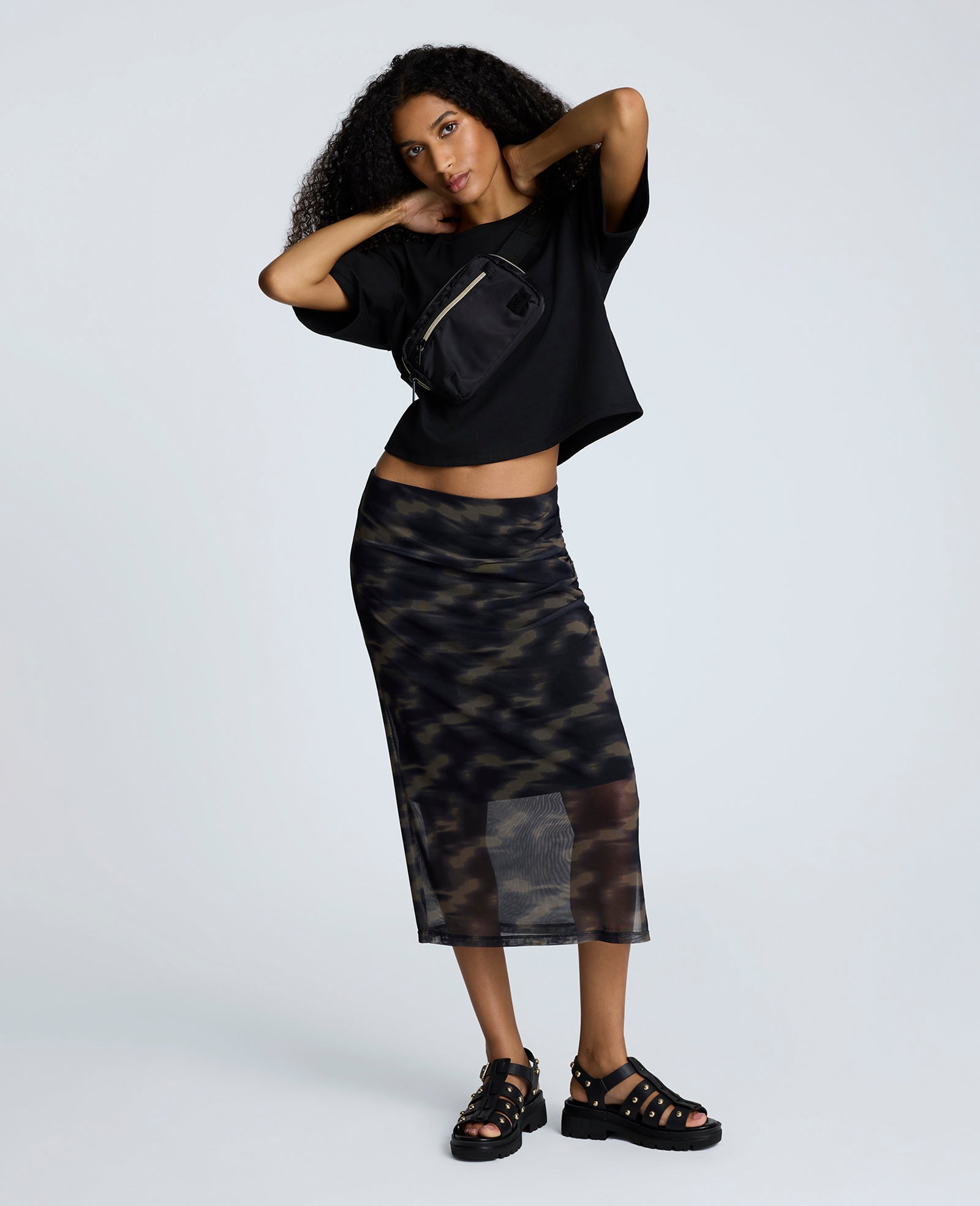 Printed Mesh Pull-On Side Ruched Midi Skirt Black Multi