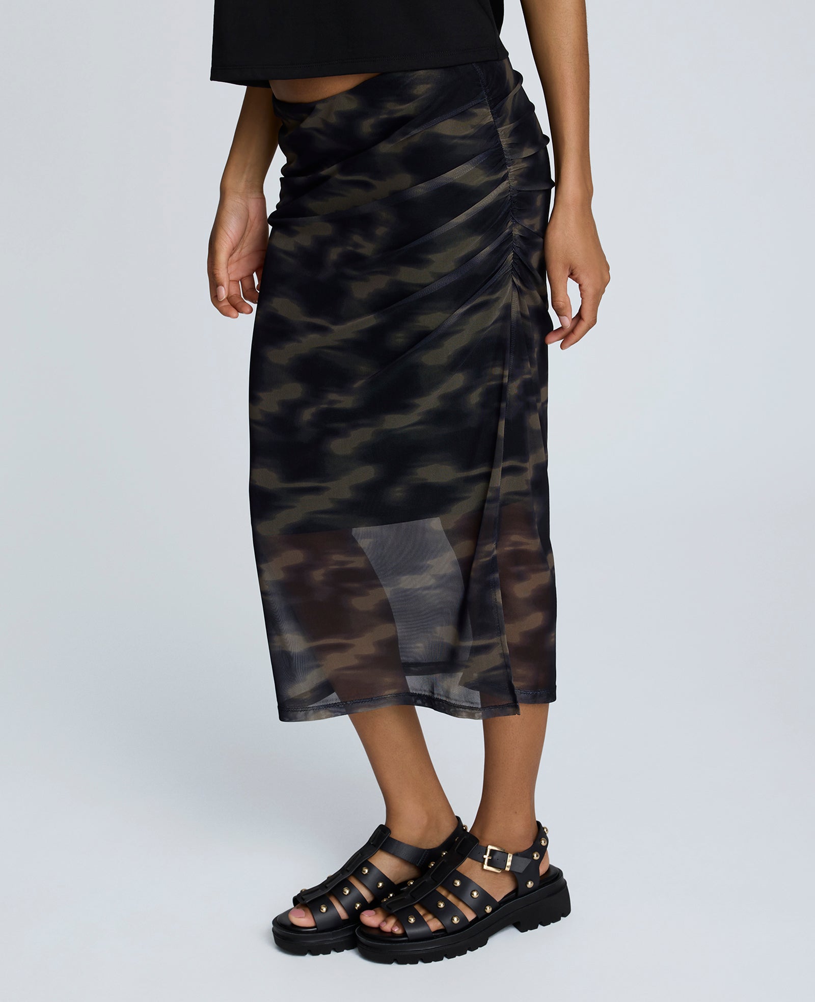 Printed Mesh Pull-On Side Ruched Midi Skirt Black Multi