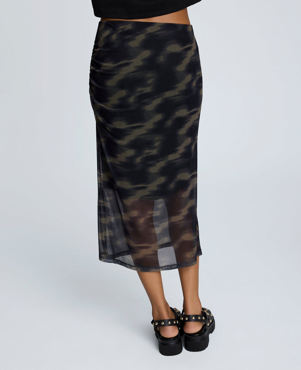 Printed Mesh Pull-On Side Ruched Midi Skirt Black Multi