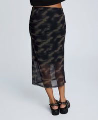 Printed Mesh Pull-On Side Ruched Midi Skirt Black Multi