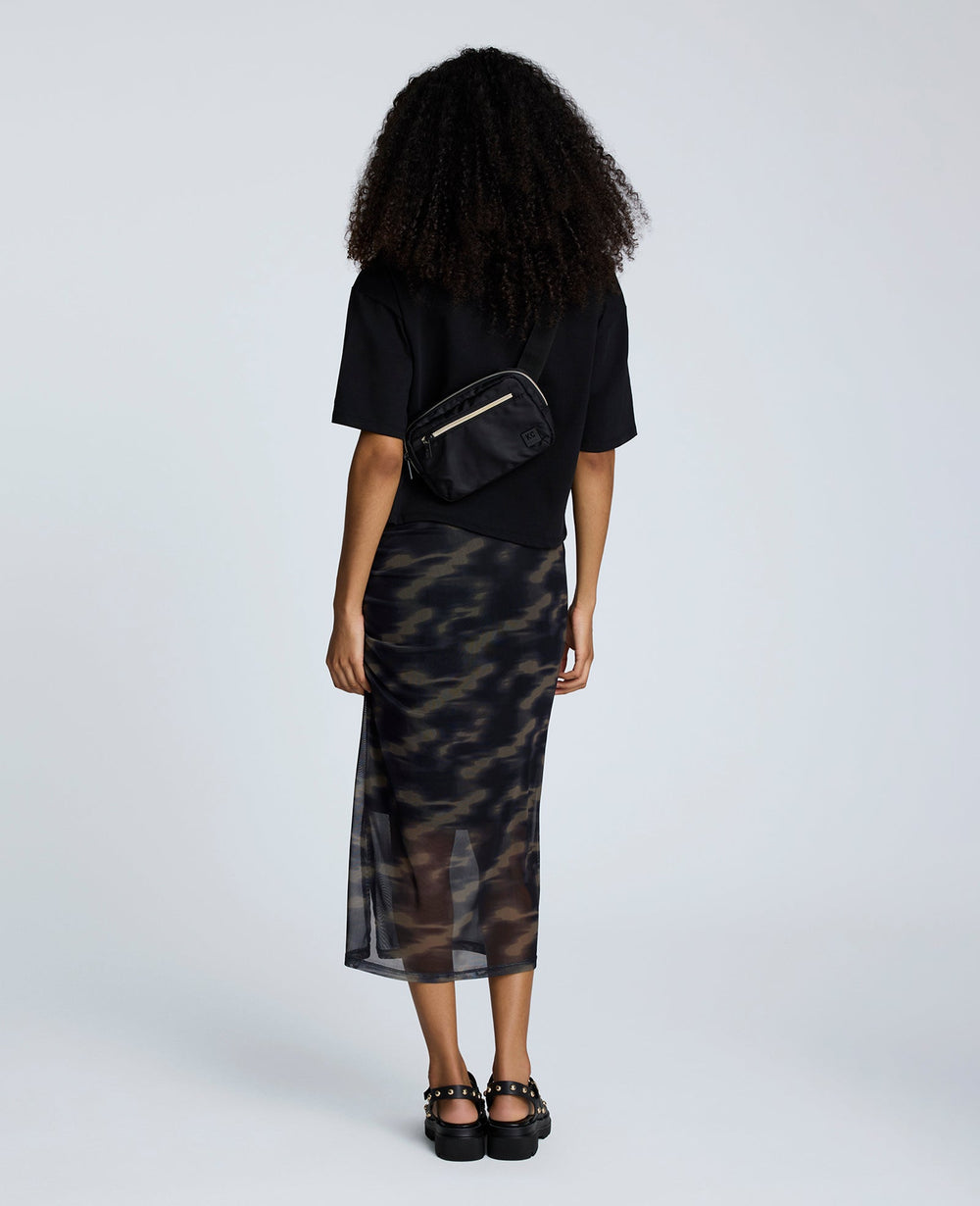 Printed Mesh Pull-On Side Ruched Midi Skirt Black Multi
