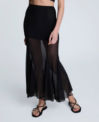Solid Mesh Pull-On Godet Fit & Flare Maxi Skirt Black