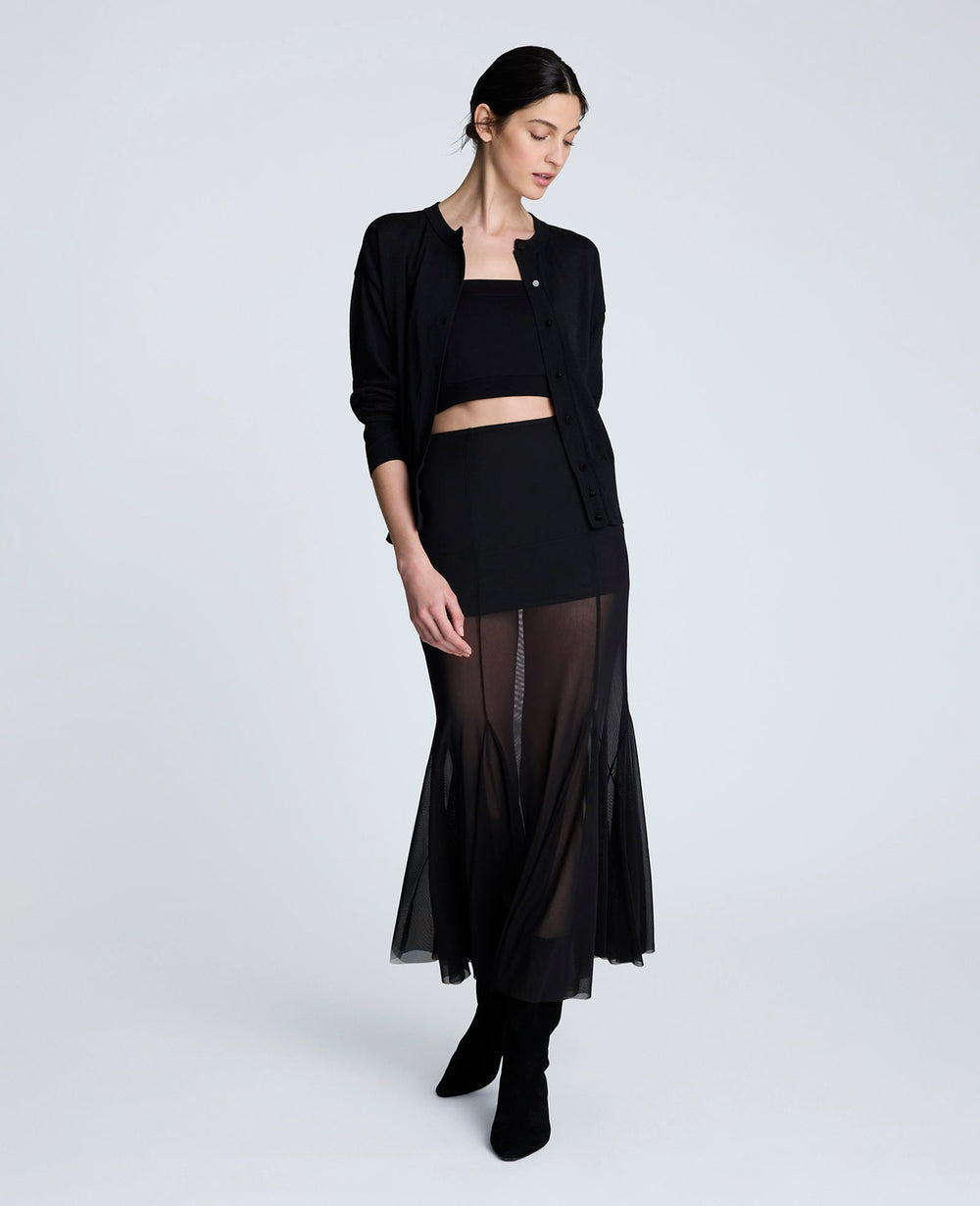 Solid Mesh Pull-On Godet Fit & Flare Maxi Skirt Black